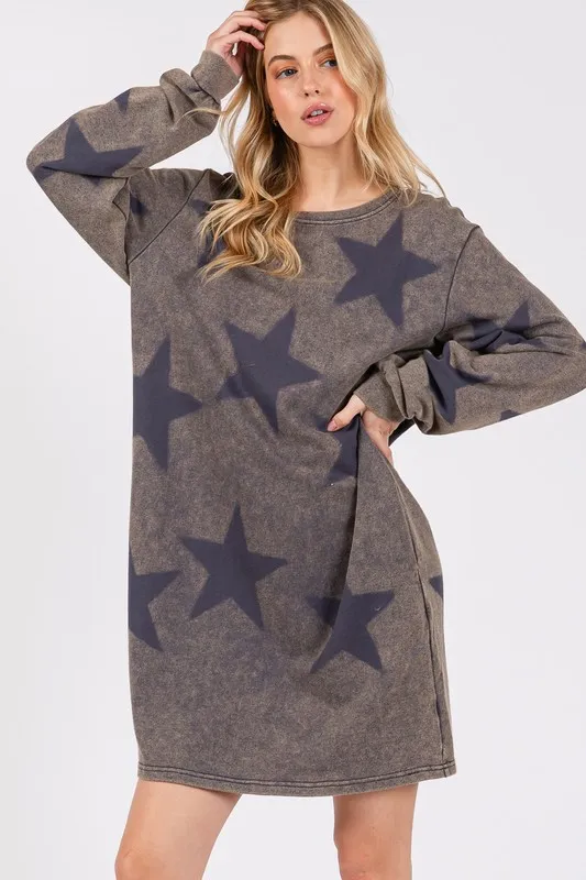 Washed Star Print Round Neck Dress - Dark Gray