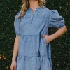 Washed Tiered Mini Denim Dress - Washed Denim