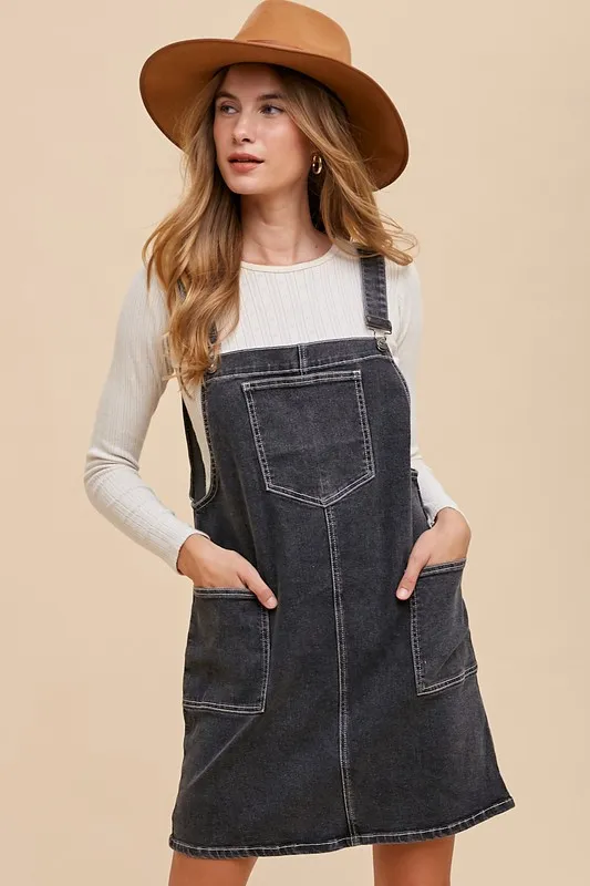 Wide Strap Denim Overall Dress with Pockets - Black