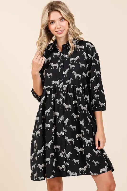 Zebra-Print-Button-Down-Shirt-Mini-Dress-Black-4