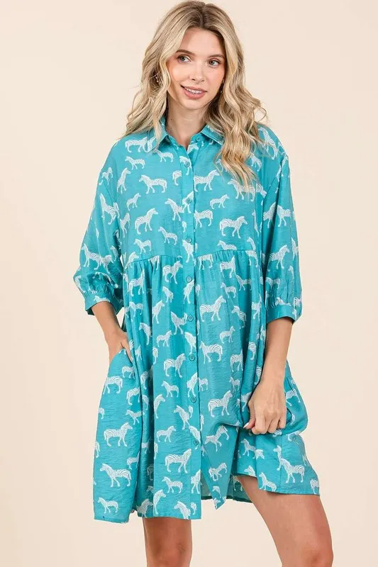 Zebra Print Button Down Shirt Mini Dress - Seagreen